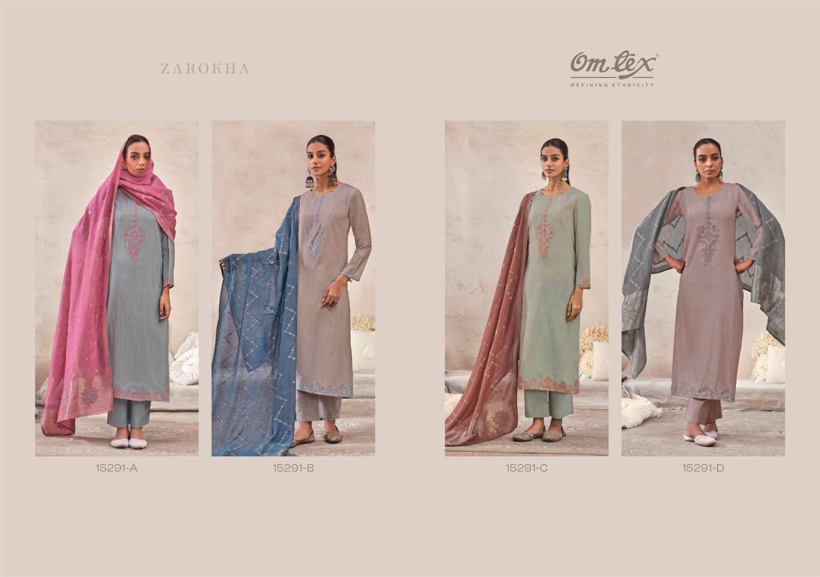 ZAROKHA 15291 Series By Om Tex Beautiful Festive Suits Stylish Colorful Fancy Casual Wear & Ethnic Wear MAL CHANDERI SILK DIGITAL Dresses At Wholesale Price